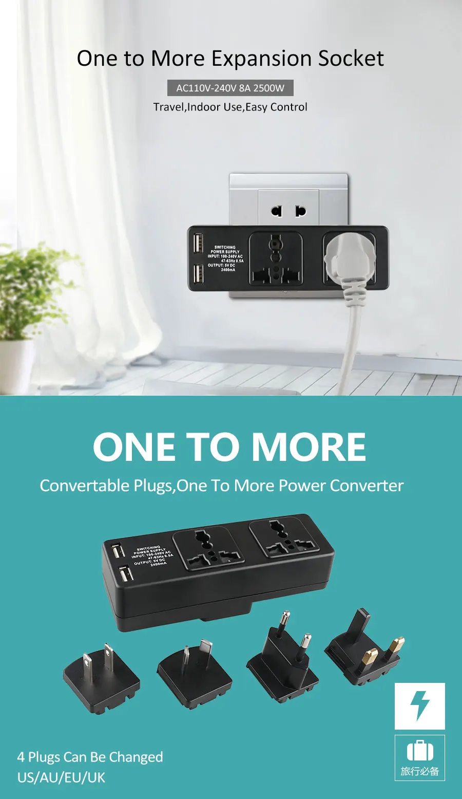 Interchangeable Au Eu Uk Us Multi Plugs Sockets 2.4a Adapter Surge