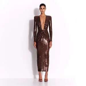 Bettergirl 2025 Women's Fashion Elegant New Sequin Deep V-neck Long Sleeve Dress Sexy Temperament Slim Pleated Long Dress