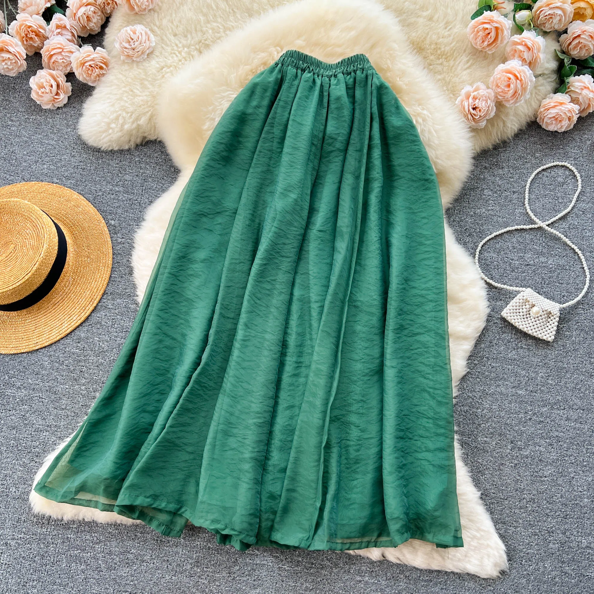 Summer Solid A-line Skirt Women Casual High Waist Linen Long Skirts For ...