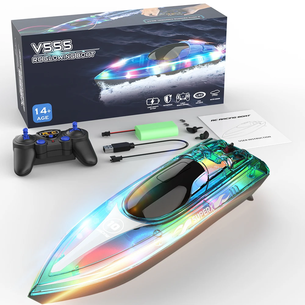 Flytec V555 Fast RC LED Light High Speed Remote Control Racing Boat Waterproof Model Toys Ship for Adult or Kid Gift in Pool