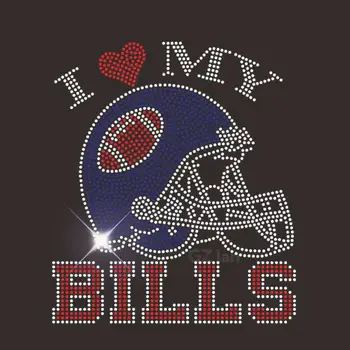 Custom hot-fix bling crystal NFL football team logo design Buffalo Bills rhinestone transfers motif patch for clothing t shirt