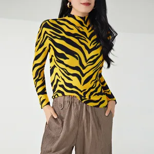 Miyake Women's Casual Striped T-Shirt With Turtleneck Neckline Sustainable Compressed Design Pleated Top