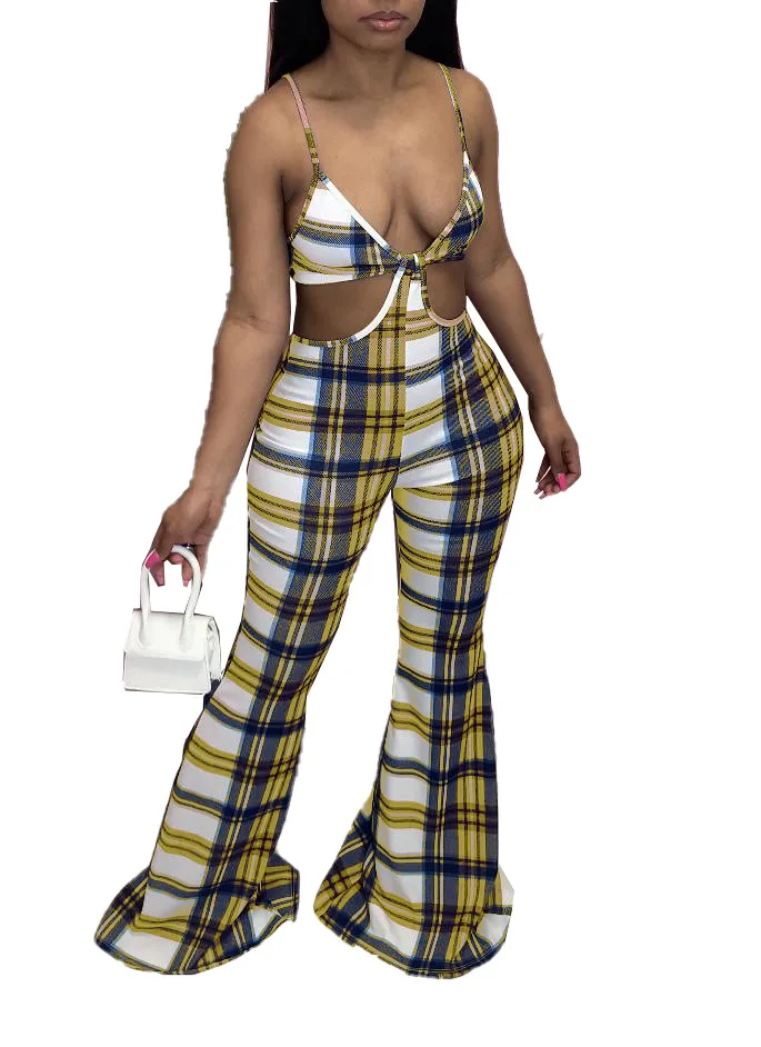 Plaid bell bottom jumpsuit Clearance