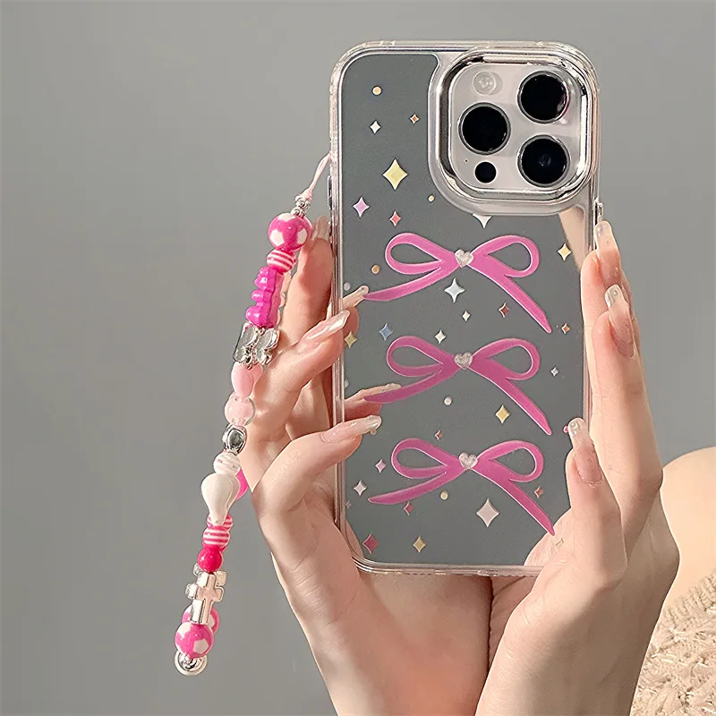 Hot selling bow love star moon pattern mirror phone case with pearl bracelet factory