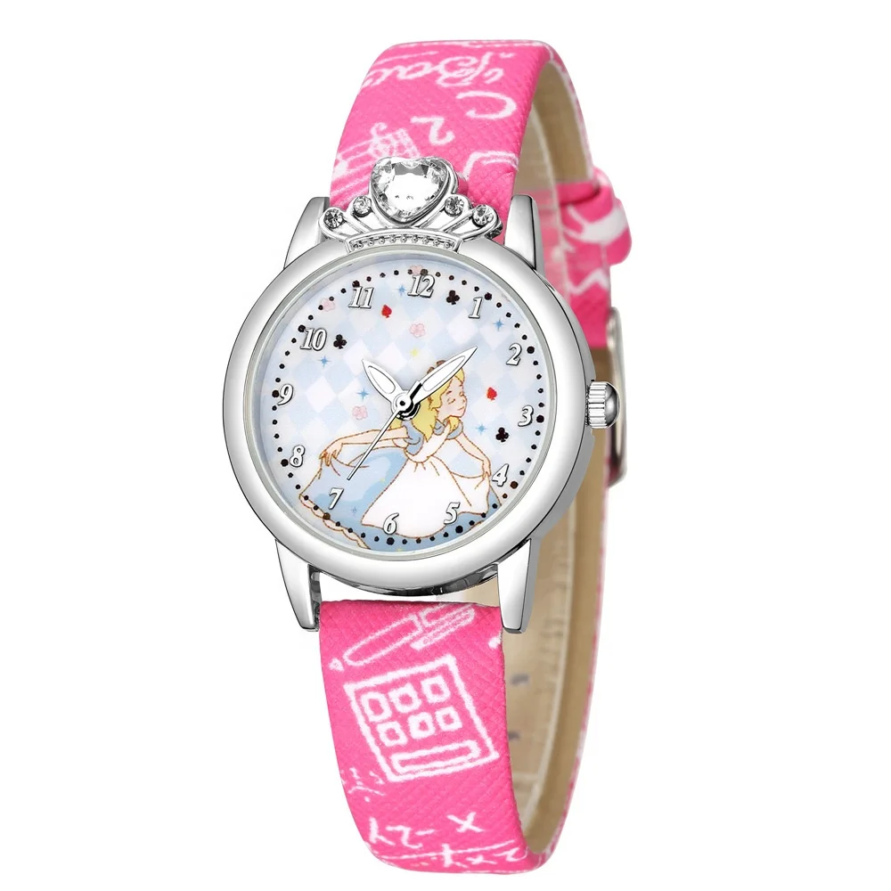 Cute Cartoon Pink Princess Kids Watch With Diamond Details