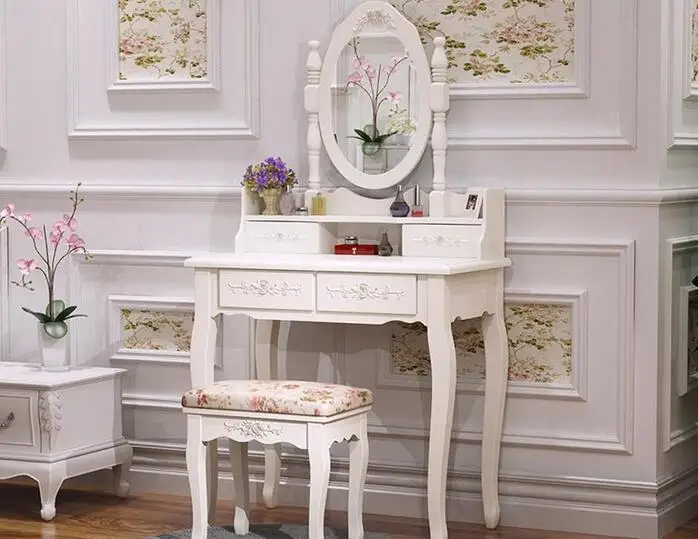 retro dressing table stool 3pc Antique Grey Rococo Dressing Table w Trifold Mirror