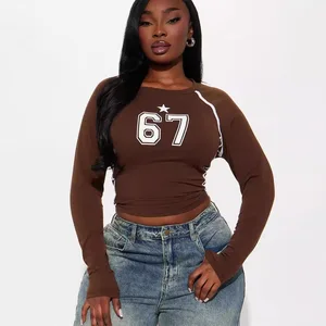 Women's Y2K T-Shirt Fashion Sports Long Sleeve Crop Top with Elastic Simple Printed Knitted Fabric Breathable Character Pattern