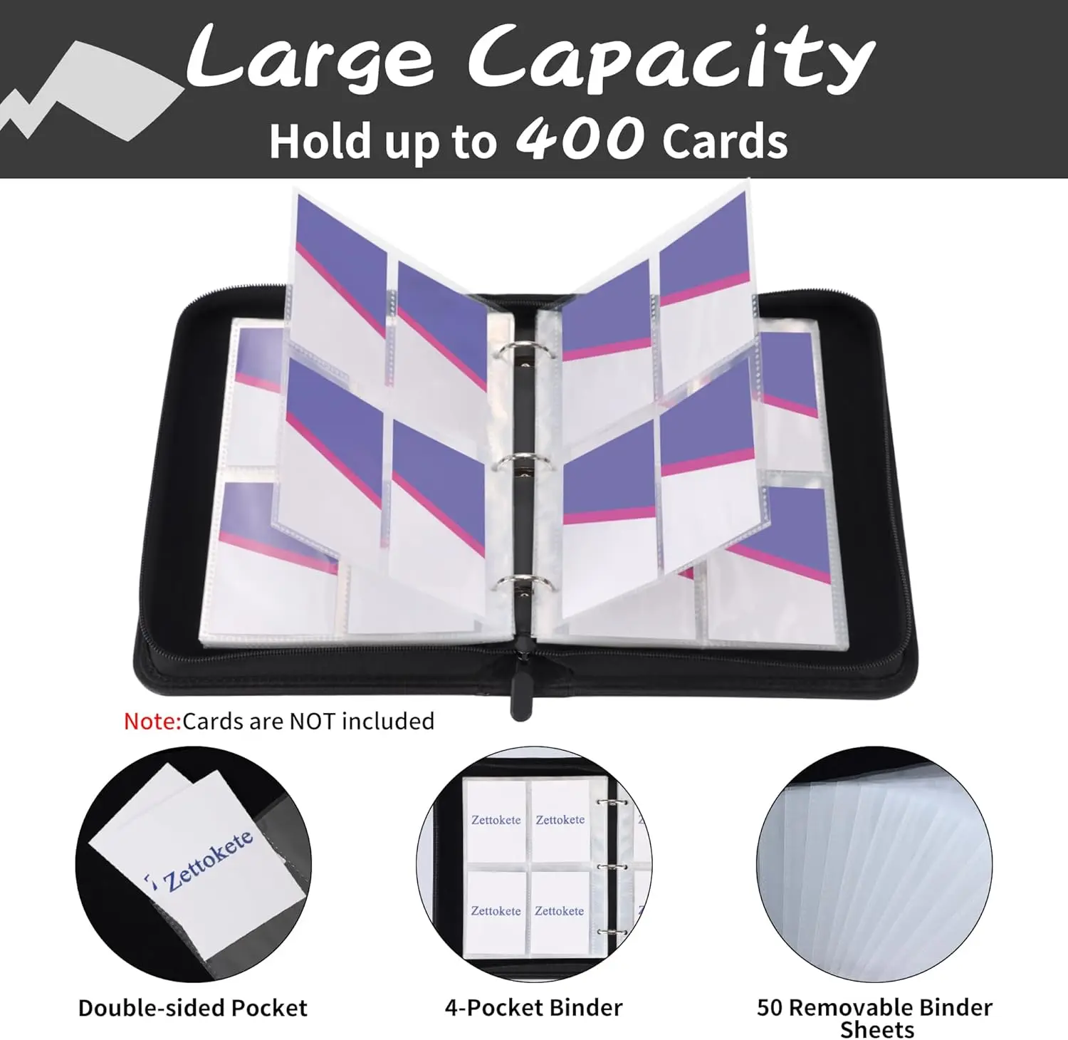 Trading Card Binder 4 Pocket with 50 Removable Sleeves, 400 Pockets Card  Collection Binder for TCG Cards Collector, Pink & White