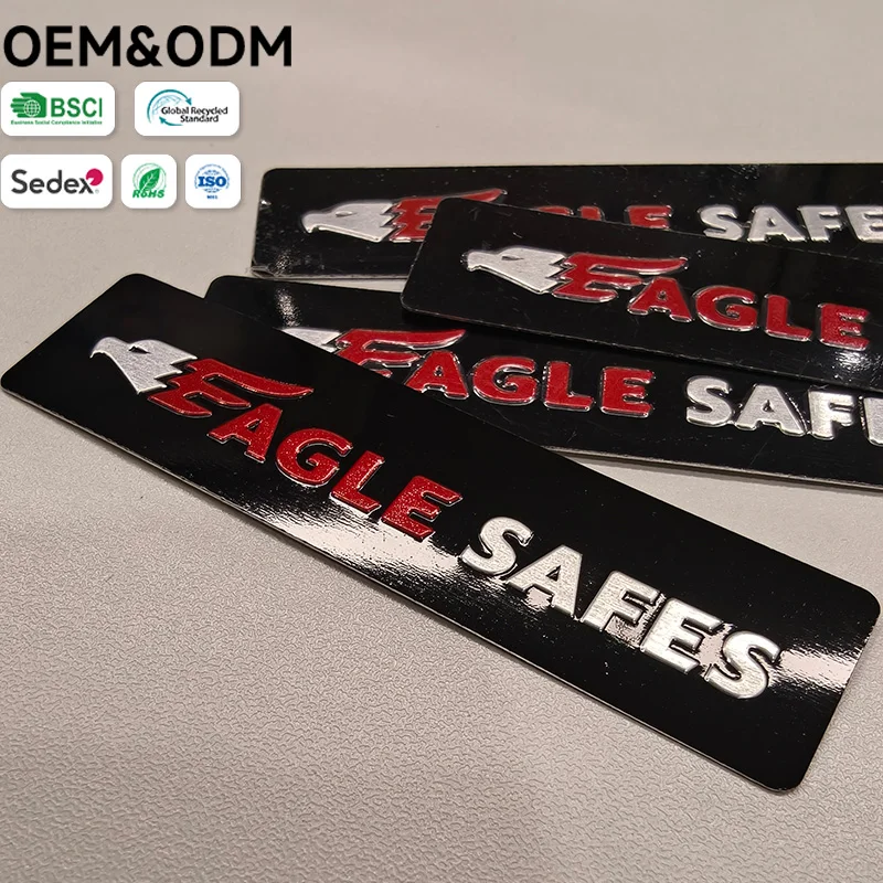 Custom 3D Embossed Epoxy Dome Nameplates - Black Gloss Labels with "EAGLE SAFES" Logo