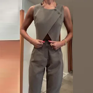2024 New Fashion Female Vest O-neck Solid Casual Sets Elegant Office Lady Loose Trousers Set 2 Pieces Women Long Pants Suits
