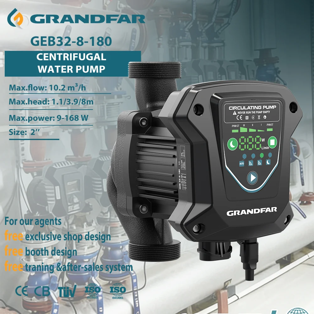 Grandfar 8m Max Head 10.2m3/h Automatski tiha trenutna čista voda 9-168w Frequency Conversion Topla voda cirkulacijska pumpa