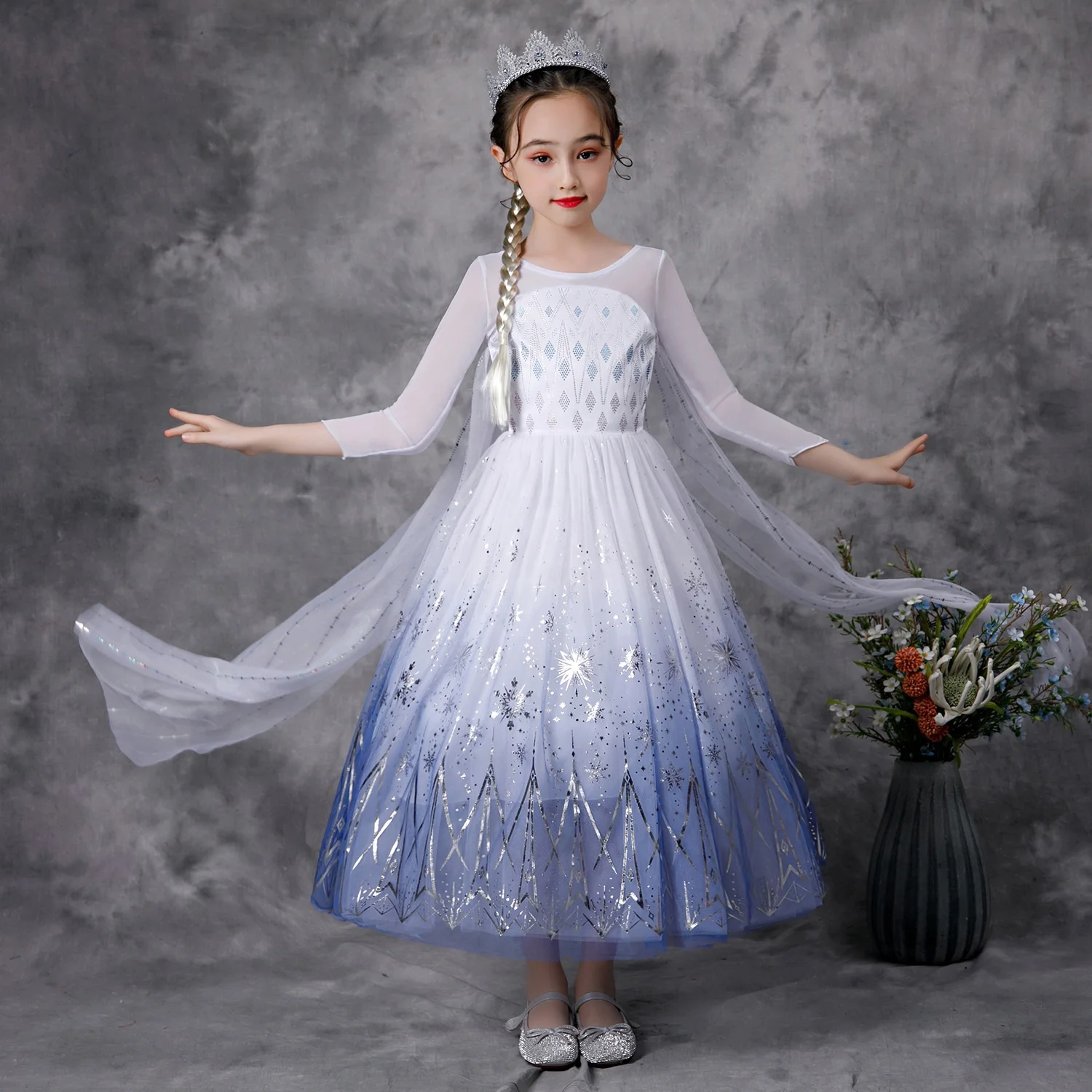 Long Sleeve Ice Queen 2 Princess Elsa Dress Costume Set Long Sleeve  Christmas Party Girl Snowflakes Dress