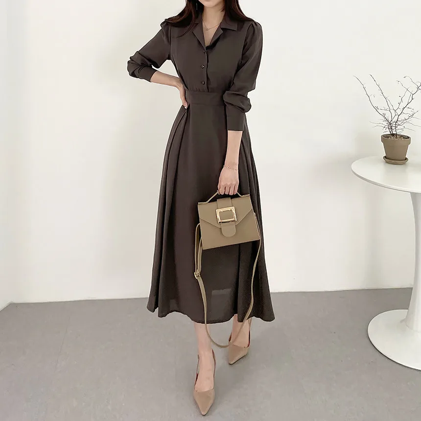 New Fashion Lady Korean Style One Piece Dress Long Sleeve Single Breasted Shirt Dress Women