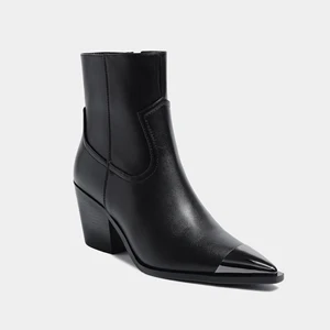 2026 Women's Exquisite Genuine Cow Leather Short Boots Comfortable Zip Winter High Heels Formal Style with Pointed Calf Lining