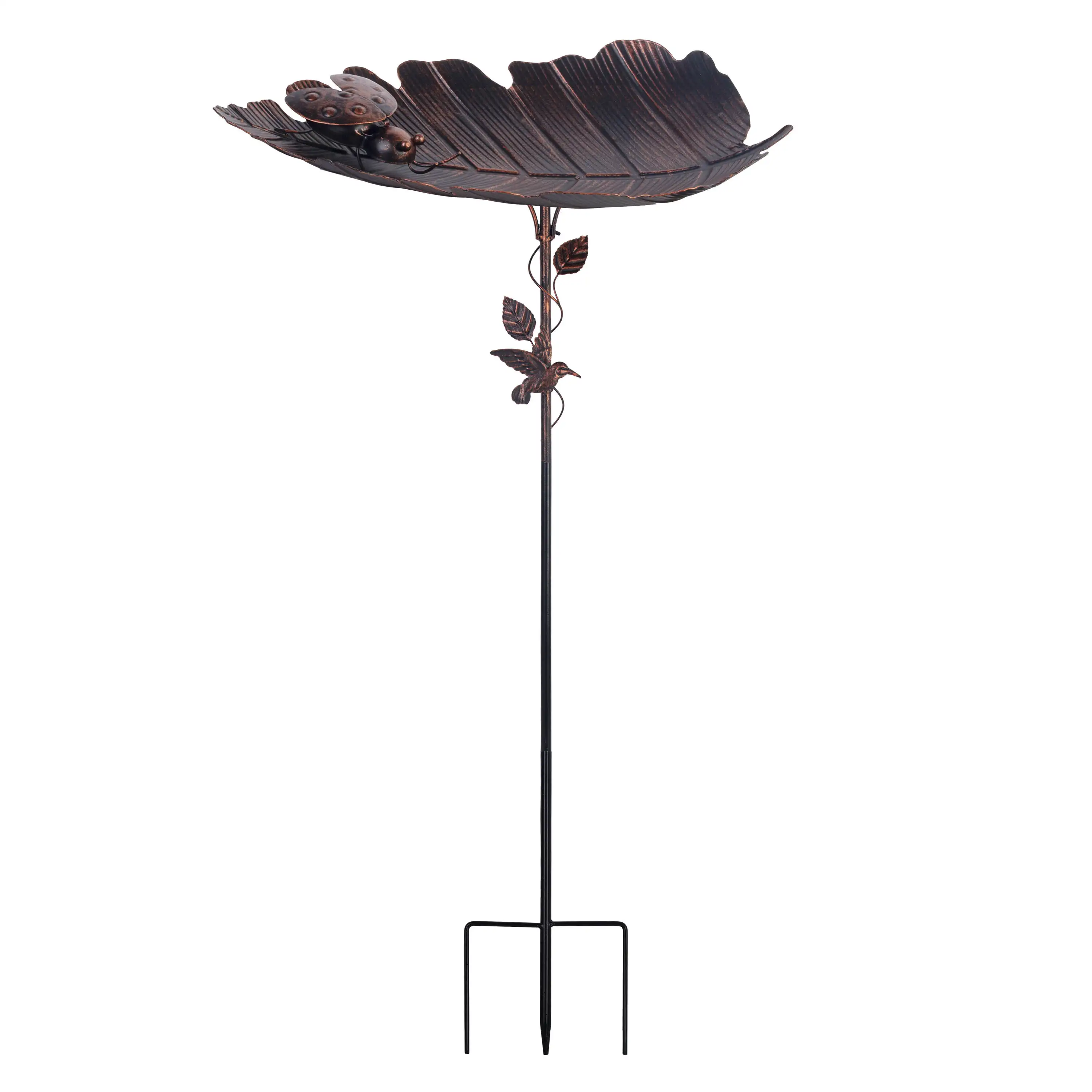 Brown Leaf Ladybug Carved Metal Bird Bath