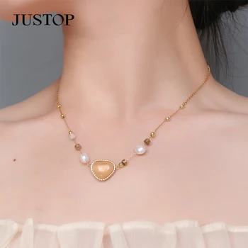 Elegant Natural Stone Stainless Steel Jewelry 18K Gold Plated Heart Pendant Fashion Jewelry Necklaces For Girls