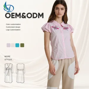 Boutique 2026 Women's Summer Blouse Shirt Fashionable Retro Embroidery Breathable Woven Commuting Style Wholesale