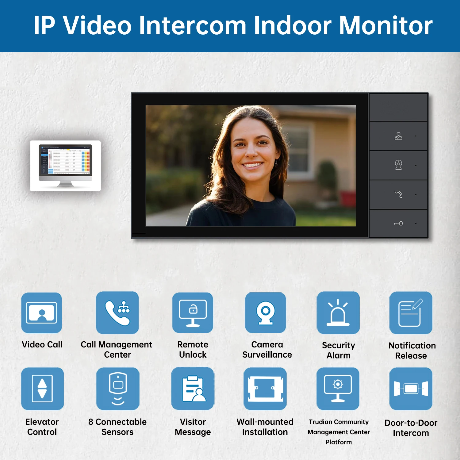 Trudian 7 Inch Touch Screen Video Interphone Indoor Monitor Remote Unlocking TCP/IP Video Intercom System for Multiple Apartment
