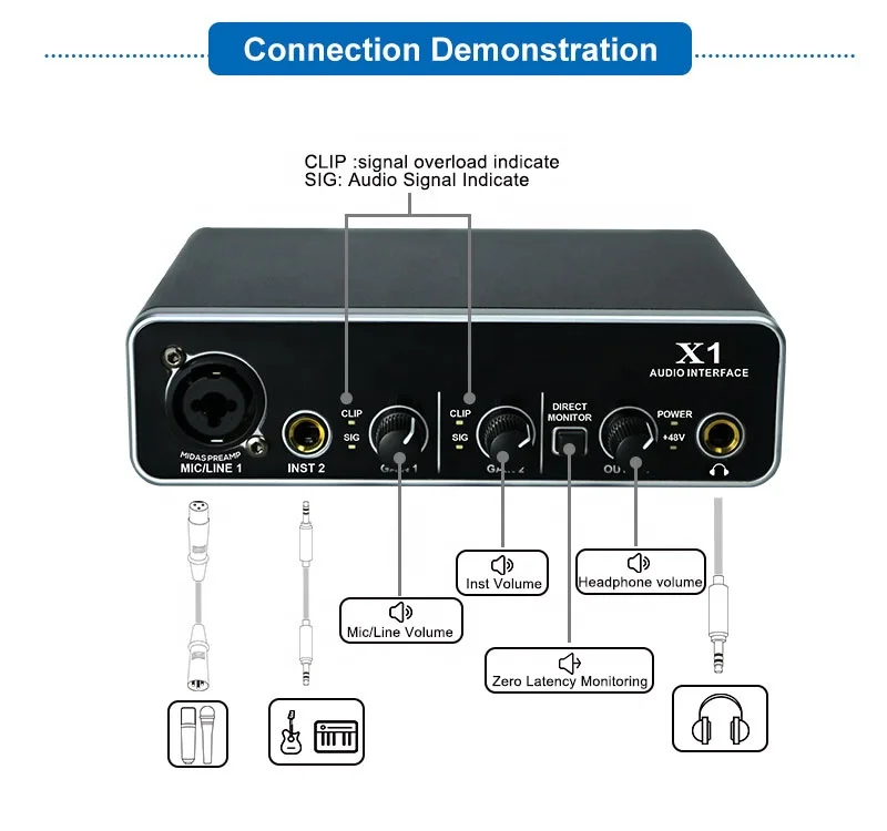 MY MIC X1 Professional USB Sound Card Audio Interface Recording Studio 2 in 2 Out with 48V Power Supply for Computer Singing
