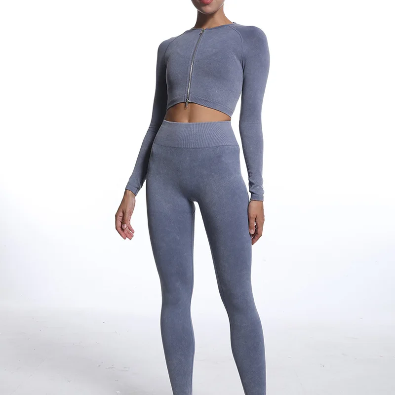 Autumn and winter new seamless sand wash body fitness zipper long sleeve sports tight running yoga set