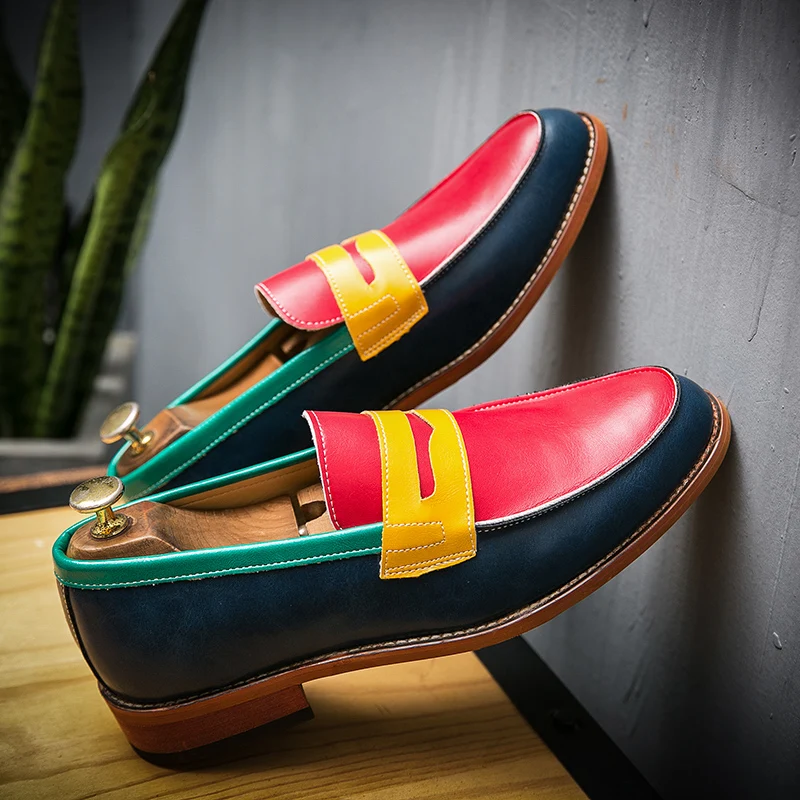 Slip on Round Toe Stitching Colorful Design Flat Loafers Men Casual Formal Shoes