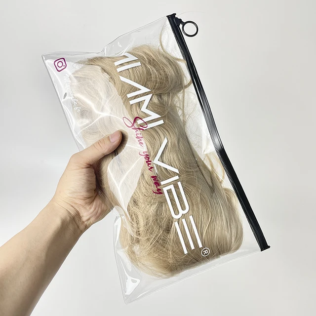 Fashion Print Logo Clear Frosted Garment Packaging PVC Bags Custom Ziplock Human Hair Extension Wigs Bag With Zipper And Hanger