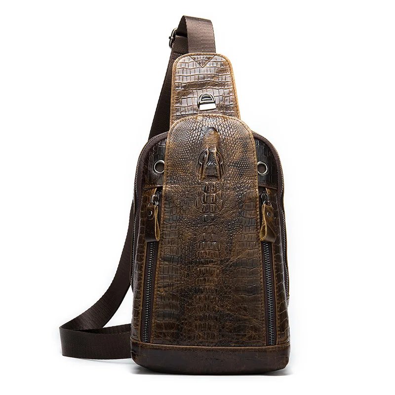 Mens BROWN GENUINE CROCODILE SKIN Leather Shoulder Bag Cross Bag Messenger  Bag