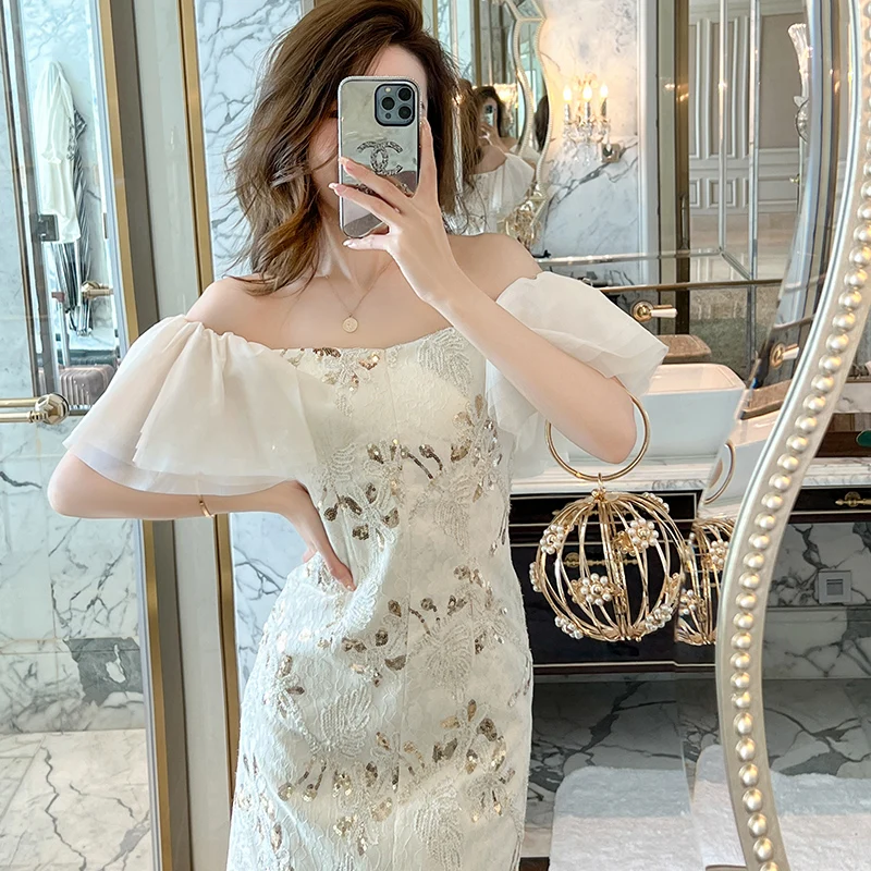 ZYHT 50323 Sweet Multi-layer Mesh Ruffles Sleeve Off Shoulder White Casual  Dress Gold Sequins Embroidered Slash Neck Mini Dress| Alibaba.com