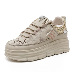 Made in China Large Size Inner Height Increase Women's Shoes Fashion Trend Summer Hollow Breathable White Shoes