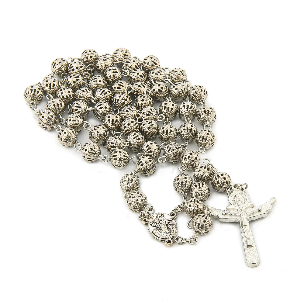 Metal Rosary Hollow Beads Necklace Catholic Prayer Jewelry