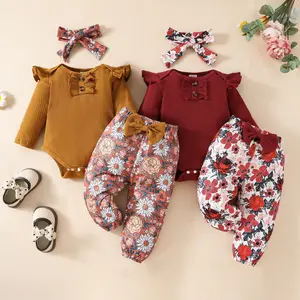Cross-border Cotton Baby Pit Strip Flying Long Sleeve Lace Triangle Harper Flower Bow Trousers Hair Belt Three-piece