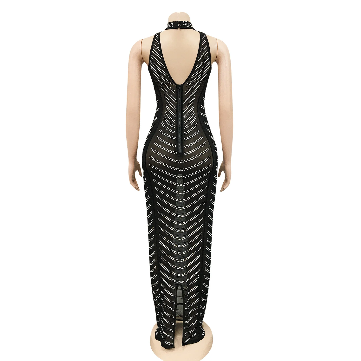 Hot Drilling Striped Women Sexy Solid Mesh Backless Long Evening Dress See Through Rhinestone Haler Vestidos Mujer Party Dress