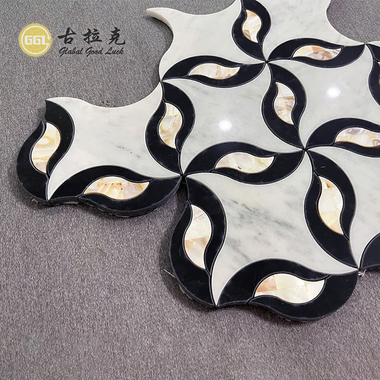 Premium Flower Shape Marble Mosaic Tile Nature Stone Mix Shell Mosaic for Bathroom Shower Wall Decor details