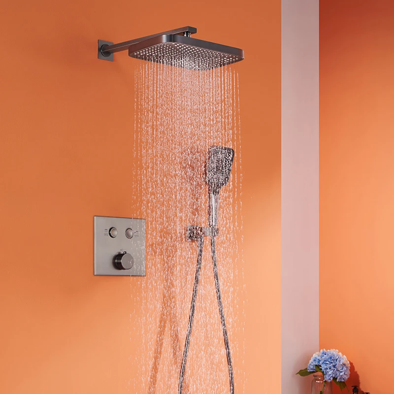 Gun Grey Concealed Shower Thermostatic Premium Brass Shower System 2 Way Smart Rain Shower Set