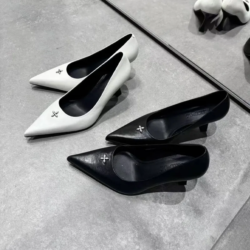 Fashion Slip On Pointed Toe Heeled With Decoration Summer Genuine Leather Women Casual High Heel Pumps - Image 1