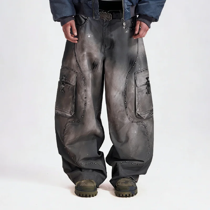 Men's High Street Style Custom Fit Vintage Wash Multi Pocket Jeans Metal Studs Hip Hop Stretch Ripped Denim Streetwear gallery 3