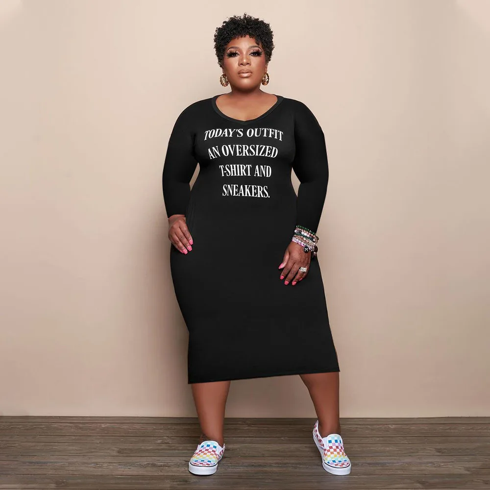 Plus Size Dress Letter Casual Long Sleeve Pockets Fall Clothing Wholesale  Dropshipping Women Elegant Cotton Dress