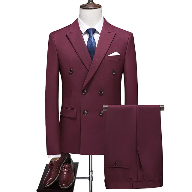 New men's large suit two piece set with double breasted solid color suit, men's wine red