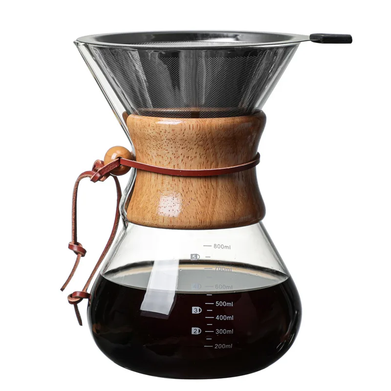 Modern Wood Collar 1-6 Cups Espresso Stovetop Coffee Maker Reusable Stainless Steel Drip Filter Lead-Free Borosilicate Glass