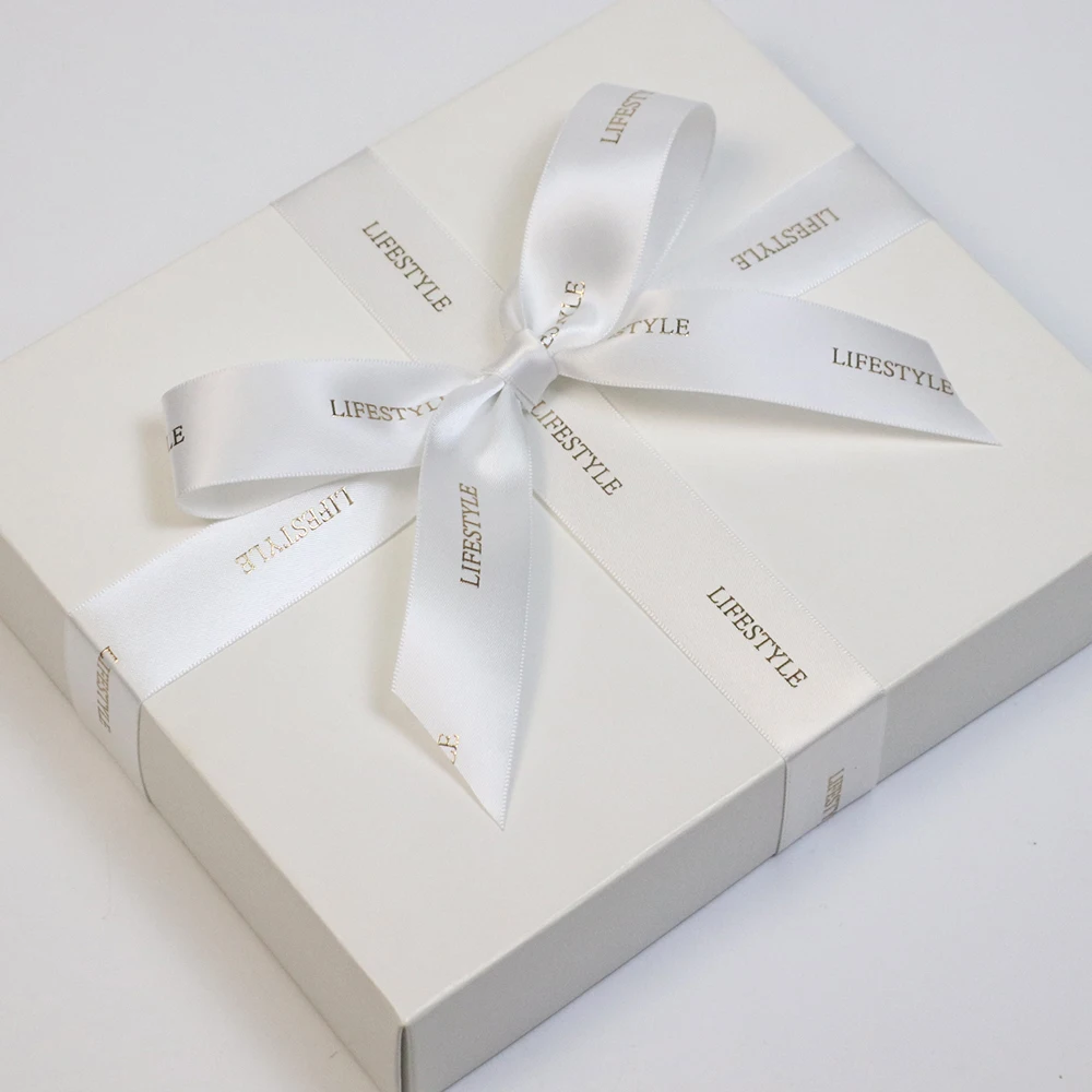 China Lude Own Brand Name Printed Raised Gold Foil Printing White Satin Ribbon with logo