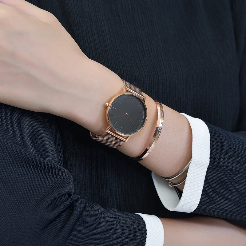 Montre Homme Geneva Minimaliste - Bracelet Métal Noir, Cadran Noir Et Blanc, Mouvement Quartz