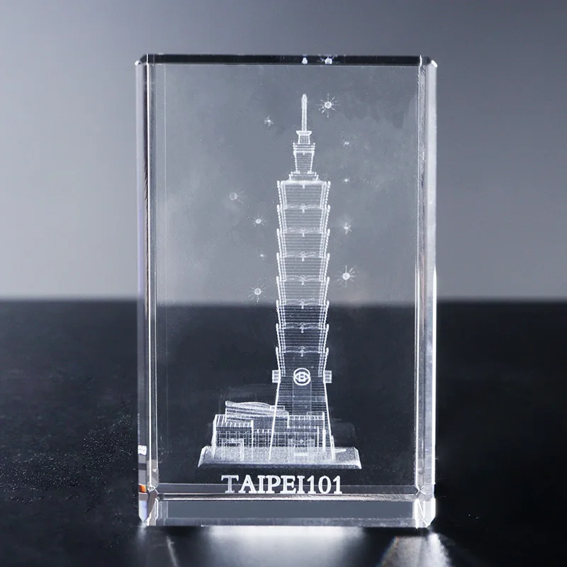 3D Crystal Cube K9 Quartz Glass Model Hand Carved 3D Taipei 101 Tower Building Polished Laser Engraving Tourist Souvenir Gifts