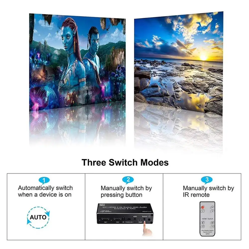 2x1 for HDMI 2.0b ARC 4K 60Hz Switcher 3.5mm R/L Coaxial SPDIF Audio Extractor 2 Input 1 Output Conmutador Audio Video