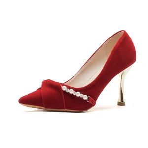 Chic Women's Summer Red Satin Pointed-Toe Stiletto Heel Pumps with Bow & Pearl-Rhinestone Detail & Metallic Heel PVC Outsole