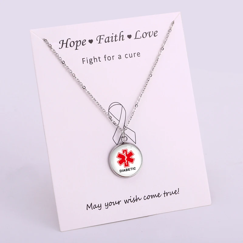 Medical Alert Diabetic Type 1 Type 2 Diabetes Awareness Ribbon Design Necklace Stainless Steel Base Crystal Pendant Necklace