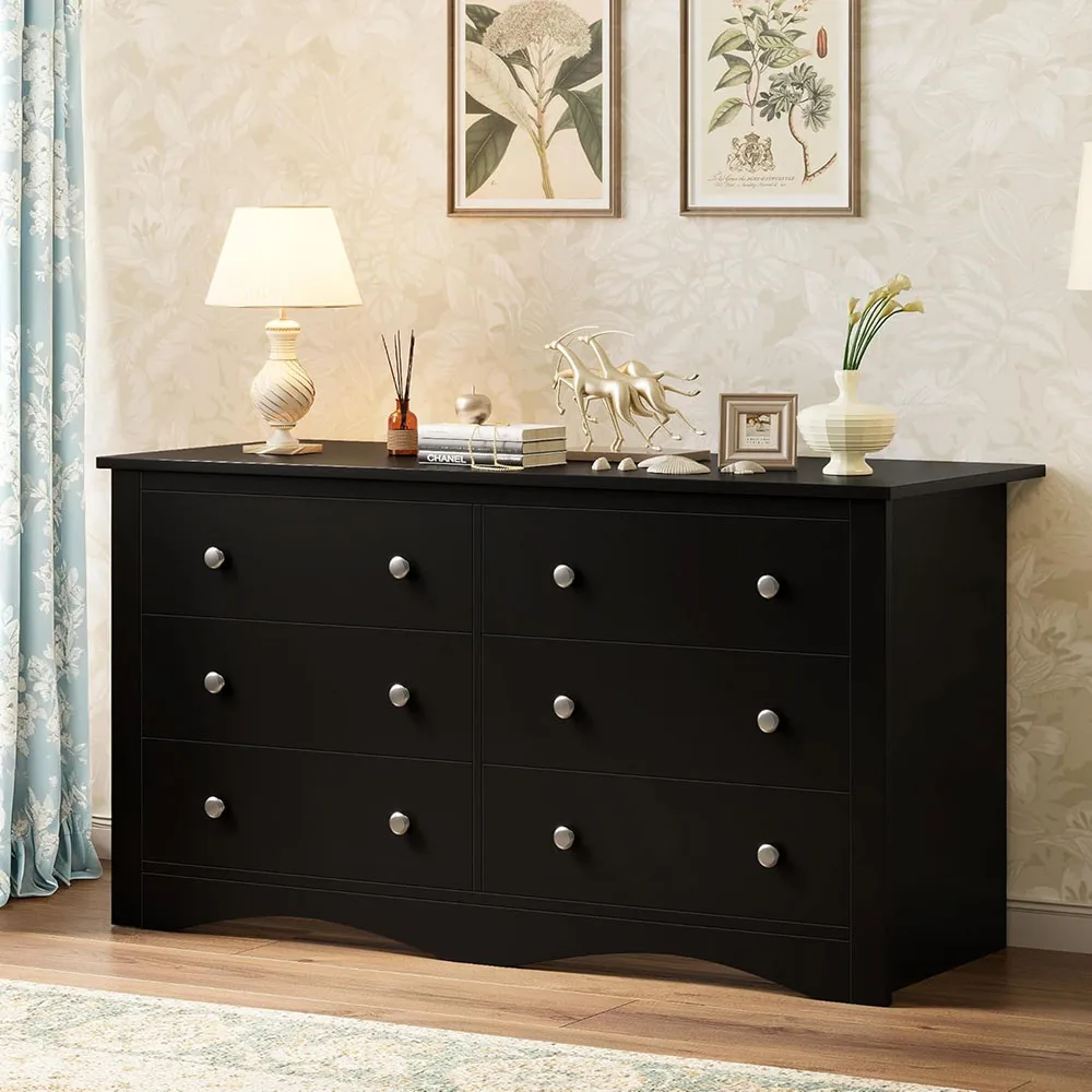 Wood Chest of Drawers 6-Drawer Modern Bedroom Storage Tower with Closet Organizer (Black)