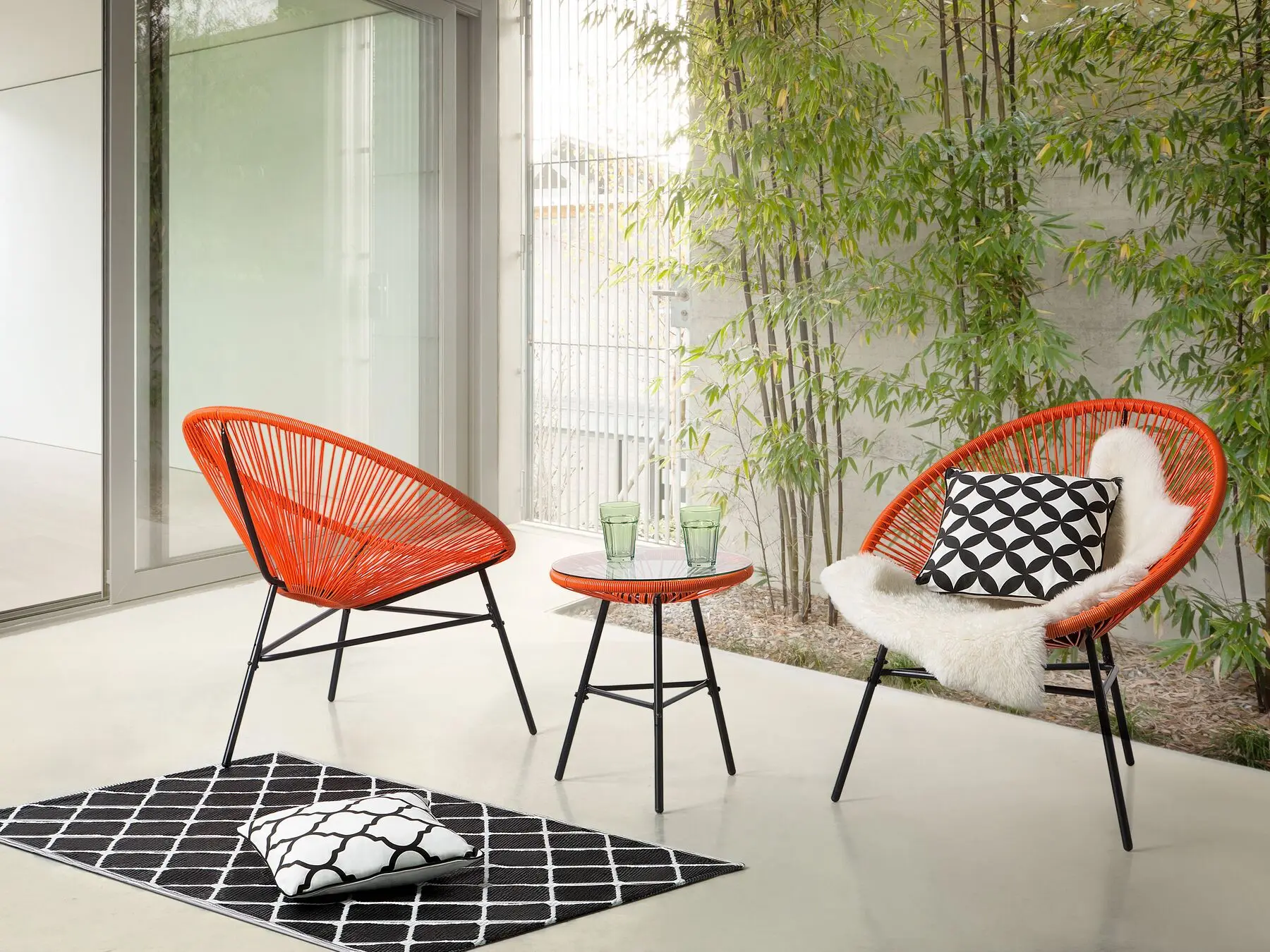 2 Seater Bistro Set Multi-Color Rattan Wicker Acapulco Lounge Chair With Woven Basket String Moon Chair and Glass Table