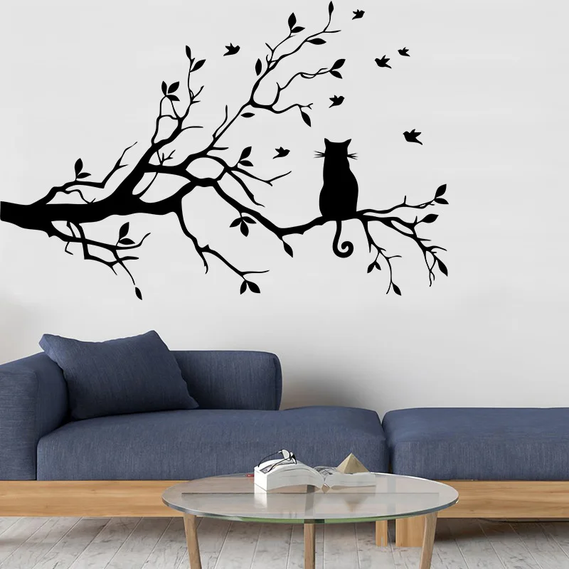 Cat On A Tree Branch Wall Sticker Living Room Sofa Background Bedroom Home  Decoration Art Decals Wallpaper Hand Carved Stickers - Buy Cat Wallpaper  For Walls,Branch Wall Sticker,Sofa Background Bedroom Home Decoration