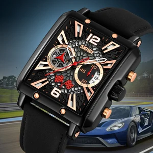 SKMEI 9340 Men's Square Quartz Stainless Steel Watch Waterproof Genuine Leather Strap Antique Fashion Design Sport Wristwatch