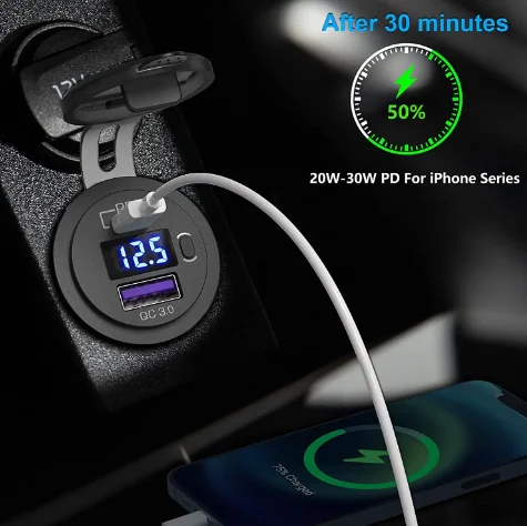 12V USB C Car Charger Socket 48W PD Type C QC 3.0 Car Charger Type C Port Socket Voltmeter with ON/Off Switch Waterproof